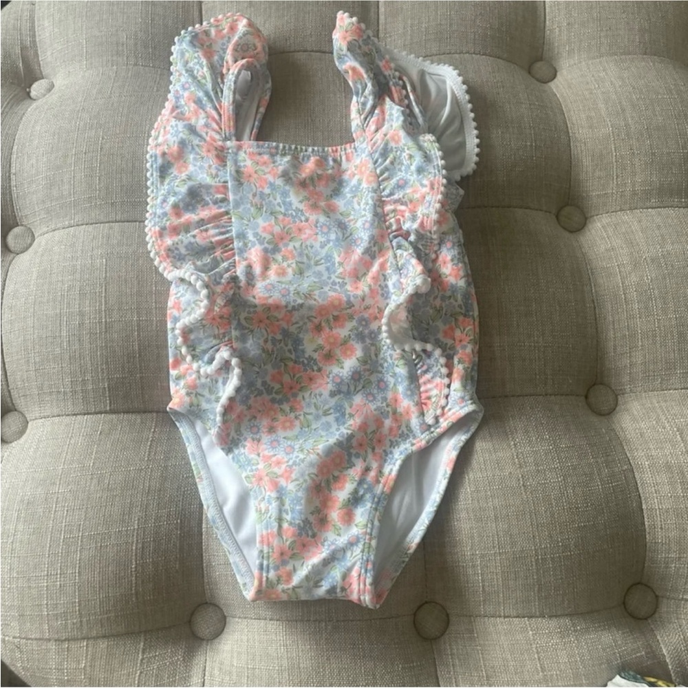 Janie and Jack Peach and Light Blue Floral Ruffle One-Piece Swimsuit